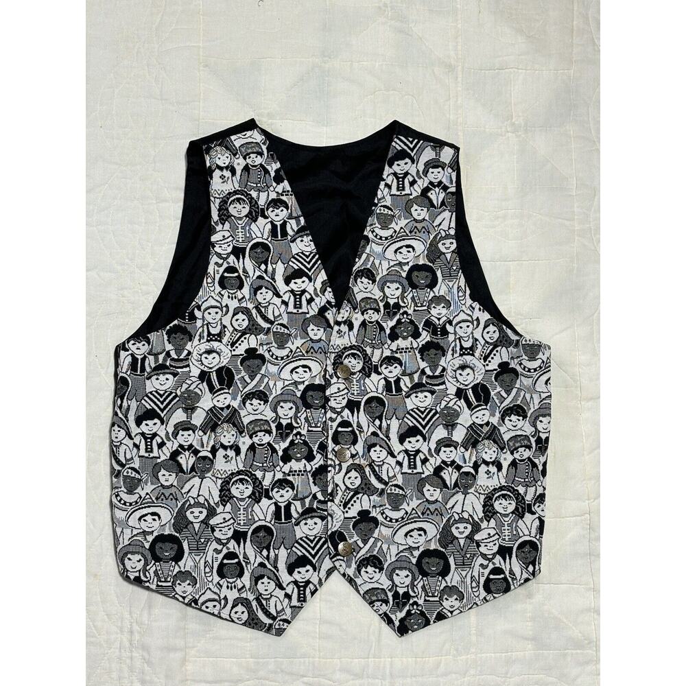 Vntg 90s Children of the World Theme Tapestry Vest Button Up Sz Large Von AS IS